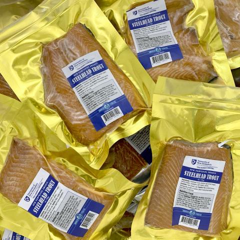 Several packages of steelhead trout in the SMSOE freezer.